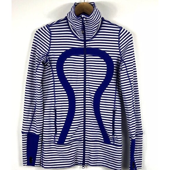Lululemon In Stride Jacket Womens Size 4 Full Zip Mock Neck White Blue Striped - Picture 1 of 10